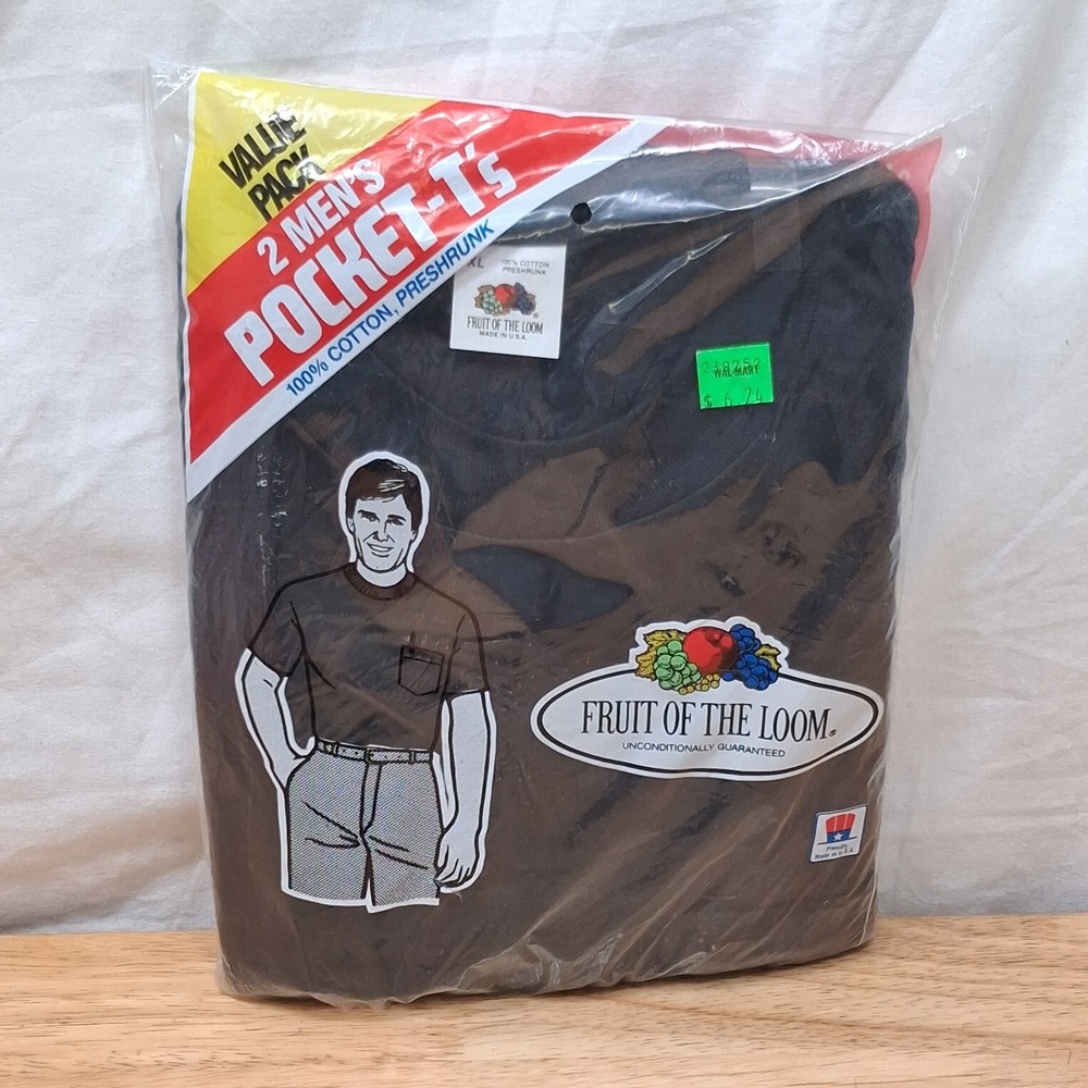 2 Pk 1987 FRUIT Of the LOOM Men's sz XL Pocket T-Shirt Black Cotton NOS Made USA